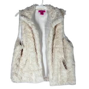 Betsey Johnson Womens Faux Fur Vest Size Large White Sleeveless Open Front Lined